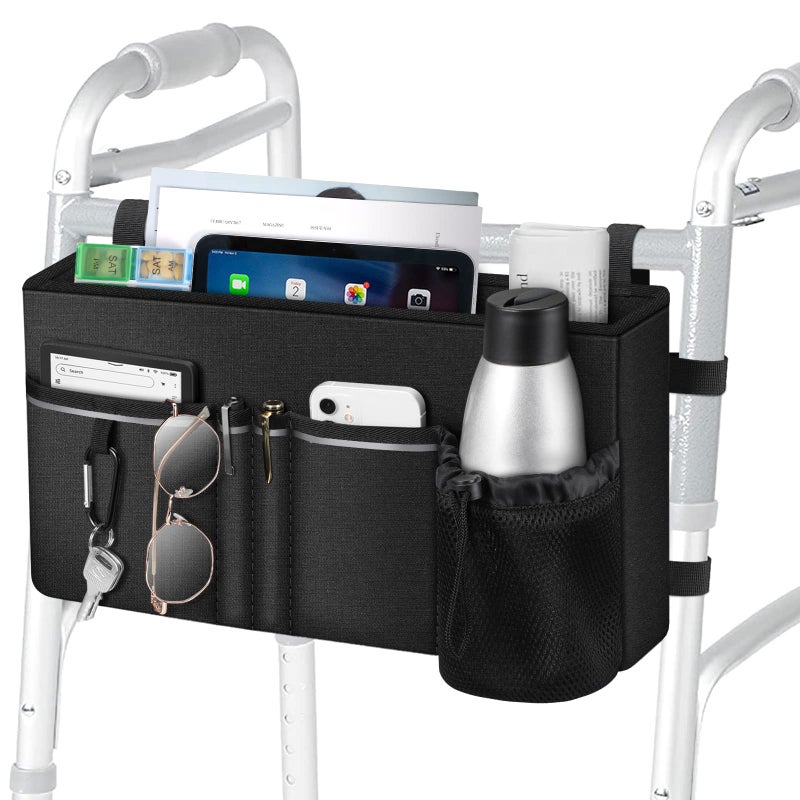FINPAC Large Walker Tote Bag with Cup Holder Folding Walker Attachment HandsFree Storage Basket Mobility Aid Accessory Pouch for Elderly Senior Black